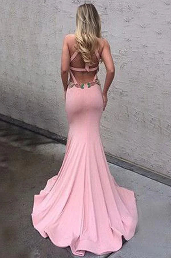 Vestidos de fiesta largos Memaid con espalda descubierta y cuello halter